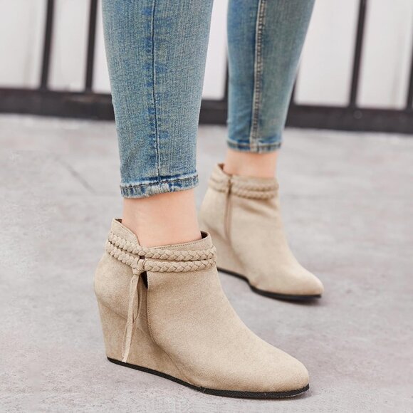 Womens Wedge Ankle Boots Braided Fringe Strap Western Heeled Fall Booties Dress - Picture 2 of 5
